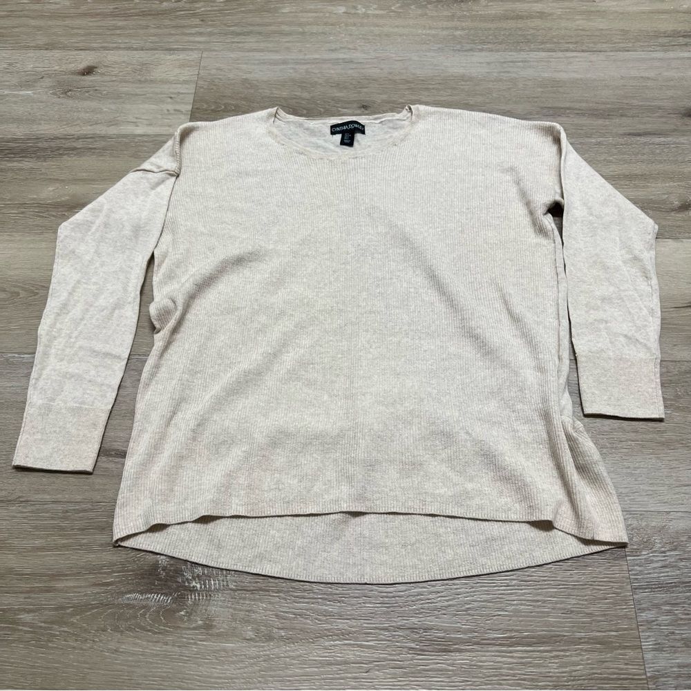 Cynthia Rowley Merino Wool Sweater Size L Oatmeal Beige Heather Pullover Womens